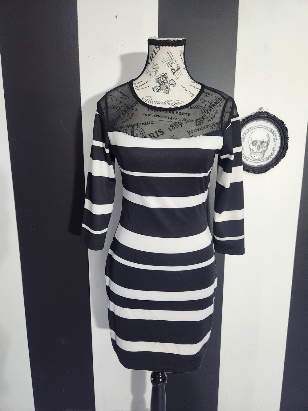 Striped Black & White Mesh Yoke Midi Dress